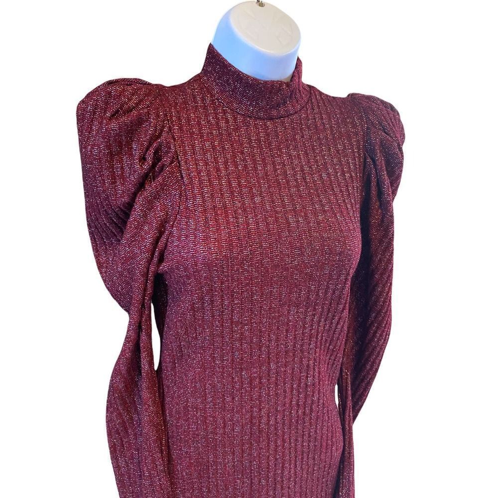 Haute Monde Maroon Shimmer Puff Sleeve Mock Neck Ribbed Bodycon Dress Size Small